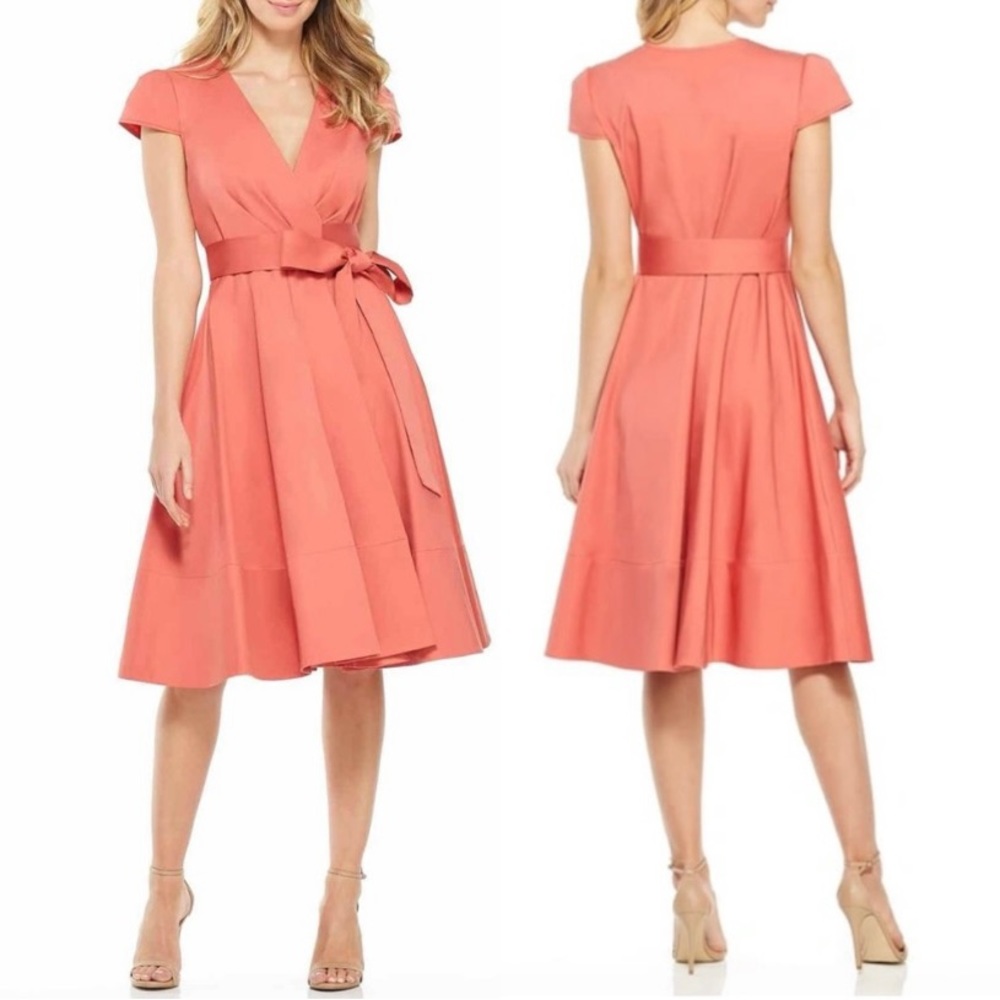 Gal Meets Glam Pink Addison Tie Wrap Cap Sleeve Fit and Flare Wrap Dress Size 10